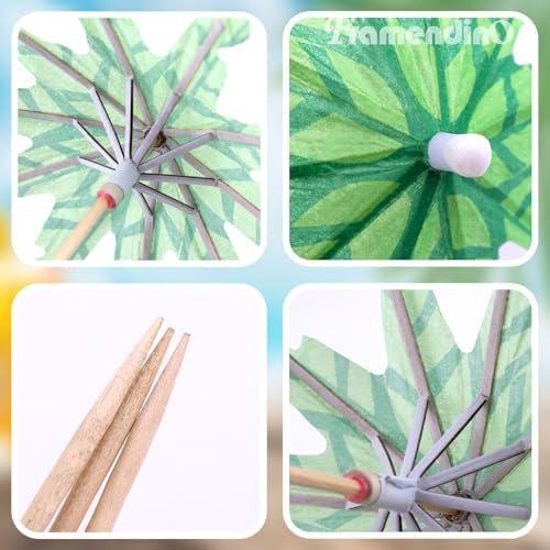 Framendino, 40 Pack Tropical Coconut Palm Tree Toothpicks Parasol Sticks Green Paper Umbrellas Picks Bamboo Toothpick for Drinks Cocktail Cupcake Toppers Fruit Ice Cream Hawaii Pool Party Decorations