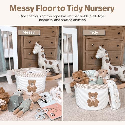 Teddy Bear Storage Basket for Nursery – Large 15"x11" Cotton Rope Bin with Soft Embroidered Bear Patch – Gender Neutral Toy Organizer, Baby Laundry Hamper, Blanket & Diaper Holder
