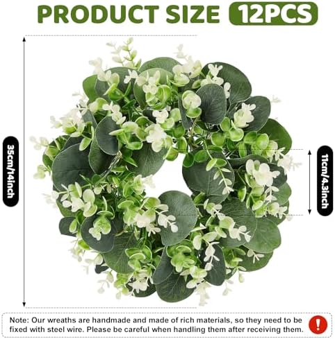 12PCS Artificial Eucalyptus Leaves Small Wreaths Green Candle Rings, Wreaths Spring Summer Greenery Garland Pillar Candle Holder for Home Wedding Party Table Centerpiece Decoration