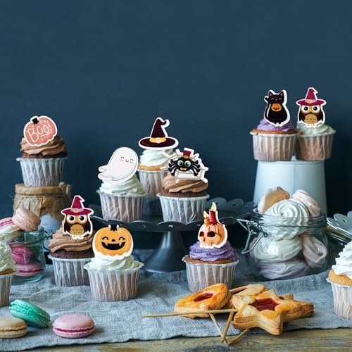 40 Pack Edible Halloween Cupcake Toppers Wafer Paper Halloween Birthday Cake Pick for Horror Theme Baby Shower Party Cake Decorations Supplies