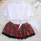 Women's Sexy Cosplay Costume Schoolgirl Lingerie Set, Adjustable Tie Crop Top and Red Plaid Mini Skirt with Thong