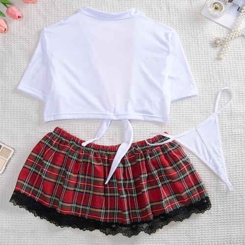 Women's Sexy Cosplay Costume Schoolgirl Lingerie Set, Adjustable Tie Crop Top and Red Plaid Mini Skirt with Thong