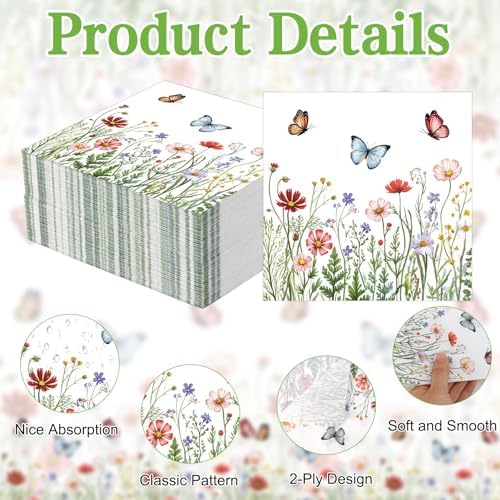 Wildflower Napkins, 100 PCS Floral Napkins Party Decorations, Spring Napkins Paper, Flower Decorative Dinner Cocktail Napkin Disposable for Spring Easter Baby Shower Party Favor Supplies(6.5 * 6.5)
