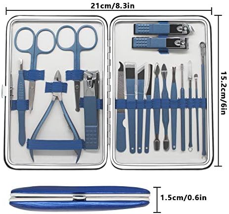 18 Pieces of Stainless Steel Nail Trimming and Beauty Kits - Nail Clippers, Nail Files, Tweezers, Nose Scissors, Eyebrow shavers, Ear Spoons, Blue Leather suitcases.