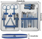 18 Pieces of Stainless Steel Nail Trimming and Beauty Kits - Nail Clippers, Nail Files, Tweezers, Nose Scissors, Eyebrow shavers, Ear Spoons, Blue Leather suitcases.