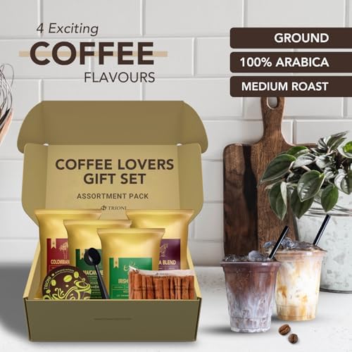 Gourmet Coffee Sampler Gift Set (4x2.5oz) TRIONI Medium Roast Ground Coffee Variety Pack, Individual Coffee Packets - 4 Unique Flavored Coffee - Including a Cinnamon Sticks, Coaster, Bag Clip & Spoon