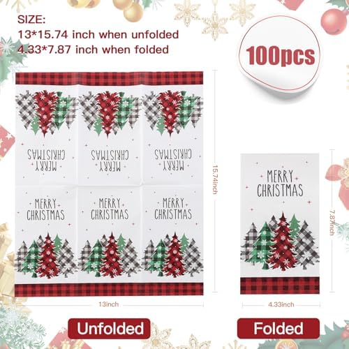 Tamone 100PCS 3-Ply Red Christmas Napkins - Red Christmas Tree Napkins Disposable - Premium Quality Dinner Napkins Soft and Absorbent