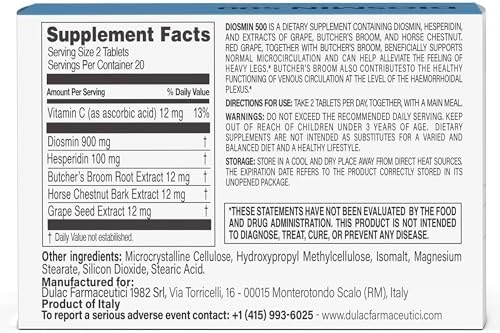 Dulac Diosmin 500, Micronized Diosmin Hesperidin Dietary Supplement 1000mg per serving, Horse Chestnut Extract, Butcher’s Broom & Red Grape Extract, Leg Circulation Support, 40 Tablets, Made in Italy