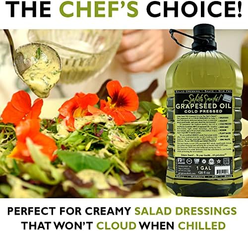 Salute Santé! Cold Pressed Grapeseed Oil – 1 Gallon – Healthy, Non-GMO, Kosher Cooking Oil for High Heat, Frying, Baking, Salad Dressings & Marinades – Vegan, Heart-Healthy, Pressed Culinary Essential