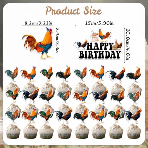 25 Pieces Rooster Cake Toppers，1PCS Chicken Theme Happy Birthday Cake Topper with 24PCS Rooster Cupcake Toppers, Chick Farm Backyard Birthday Party Supplies, Farm Animal Theme Decorations