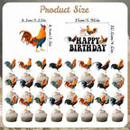25 Pieces Rooster Cake Toppers，1PCS Chicken Theme Happy Birthday Cake Topper with 24PCS Rooster Cupcake Toppers, Chick Farm Backyard Birthday Party Supplies, Farm Animal Theme Decorations