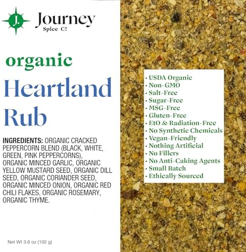 Organic Heartland Rub by Journey Spice Co. | Gourmet Coarse All-Purpose Dry Rub Inspired by Chicago Steak Seasoning for Steak, Chicken, Poultry, Meat, Veggies, and More | Salt-Free, Sugar-Free, MSG-Free, Non-GMO | 3.6 oz. | Resealable/Reusable Cap