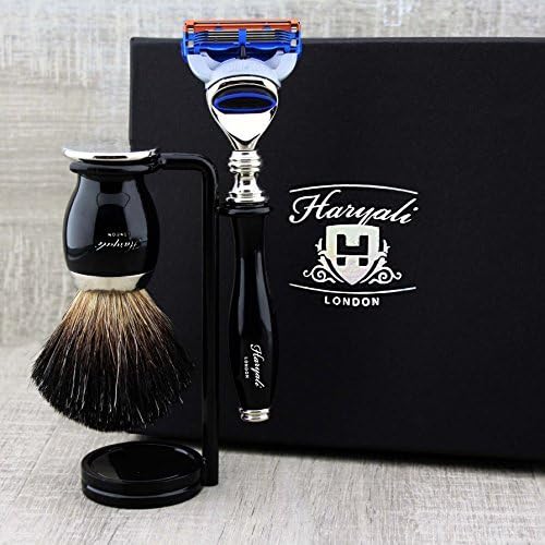 Haryali London 3 Pc Mens Shaving Kit 5 Edge Razor With Black Badger Hair Shaving Brush and Stand Perfect Set For Men