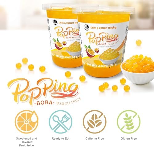 J WAY Bursting Popping Passion Fruit Boba Pearls, Passion Fruit Syrup, Non-Dairy, Fat-Free Popping Tapioca Boba for Beverages, Sweets, Ice Cream (2LB, 1 Pack)