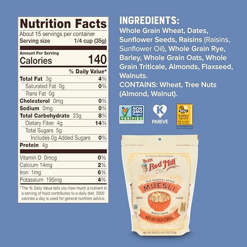Bob's Red Mill Old Country Style Muesli, 18oz (Pack of 4) - Non GMO, Whole Grain, Vegan, Kosher