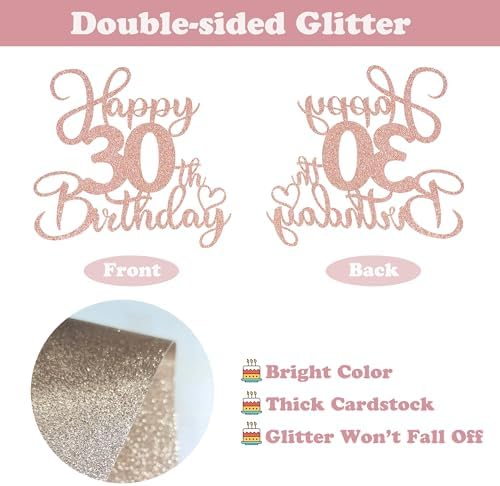 Sotpot 1 Pack 30th Birthday Cake Topper Double-sided Rose Gold Glitter Cake Pick Cake Decoration for Happy 30th Birthday Anniversary Party Decorations