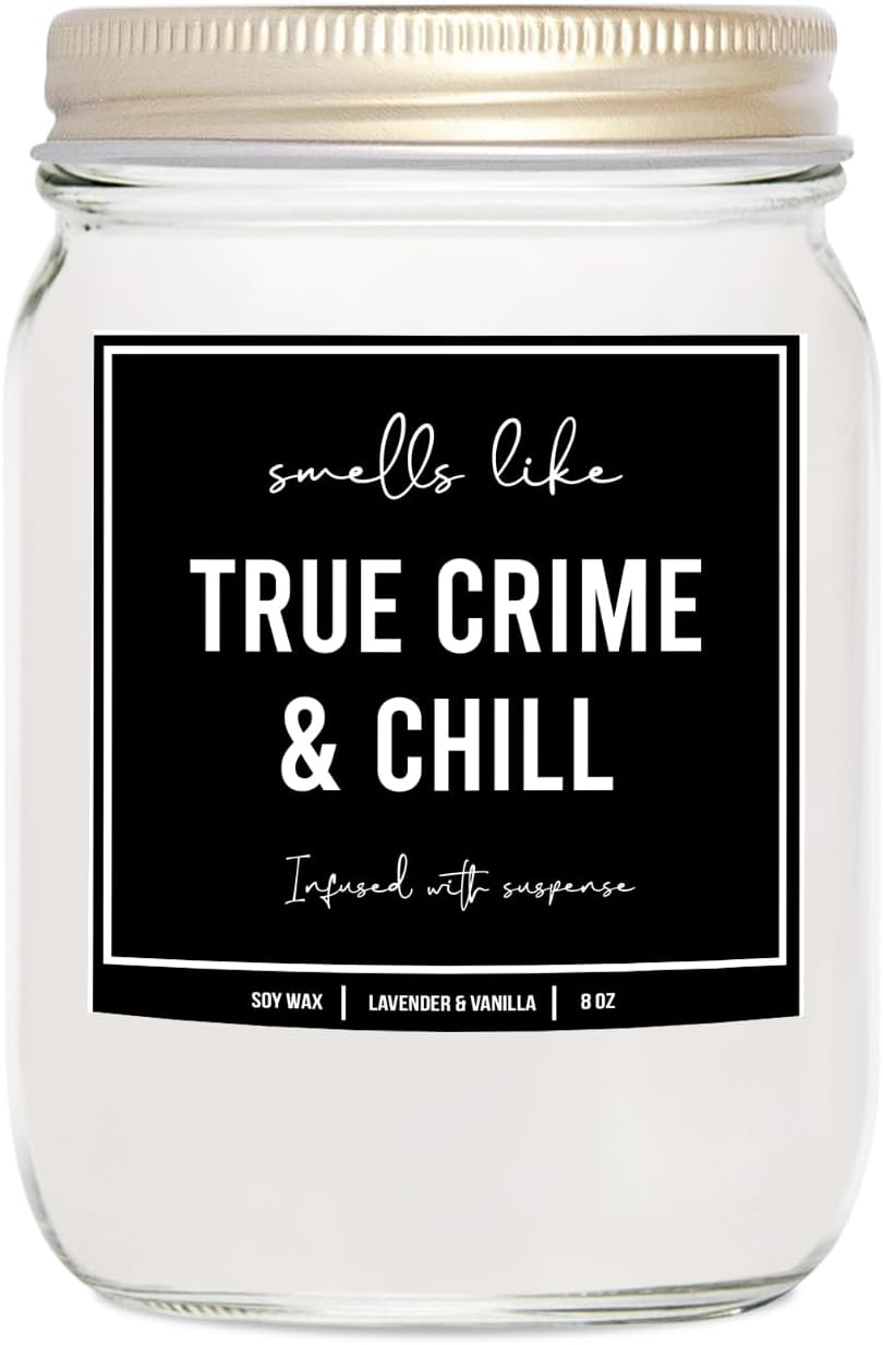 You Nique Designs True Crimes & Chill Scented Candle, 8 Oz, True Crime Gifts for Women, Serial Killer Gifts for Women, Crime Junkie Merch, All Natural Soy Vegan Candles (Lavender & Vanilla)