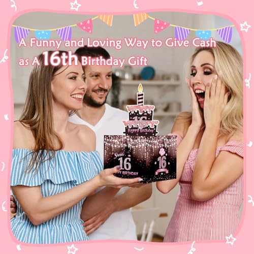 Sweet 16th Birthday Money Box for Cash Gift, Surprise Pull Out Money Gift Box with 50Pcs Transparent Bags - Fun Ways to Give Cash as A 16th Birthday Gift for Girls