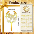 Macarrie 40 Pcs Happy Birthday Cake Topper Gold Acrylic Glittering Cupcake Topper Decorations for Birthday Event Party Supplies, 20 Different Shapes