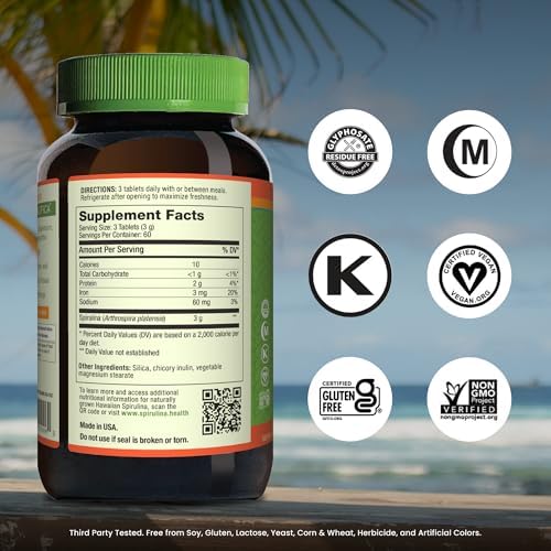 Nutrex Hawaii Pure Hawaiian Spirulina – Vegan Superfood, 1000 mg Tablets, Farm Grown in Kona, Non-GMO, Immune Support & Cellular Energy, 180 Count (Pack of 1)