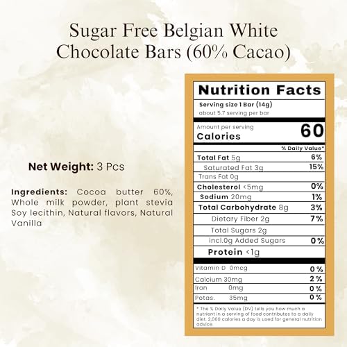 ANDY ANAND CHOCOLATIER Sugar Free Belgian White Chocolate Bars (60% Cacao) Must for White Chocolate lovers, Stevia sweetened, Gourmet Gift Box - Silky, Rich, and Top-Tier Indulgence (3 Bars & 10.5 Oz)