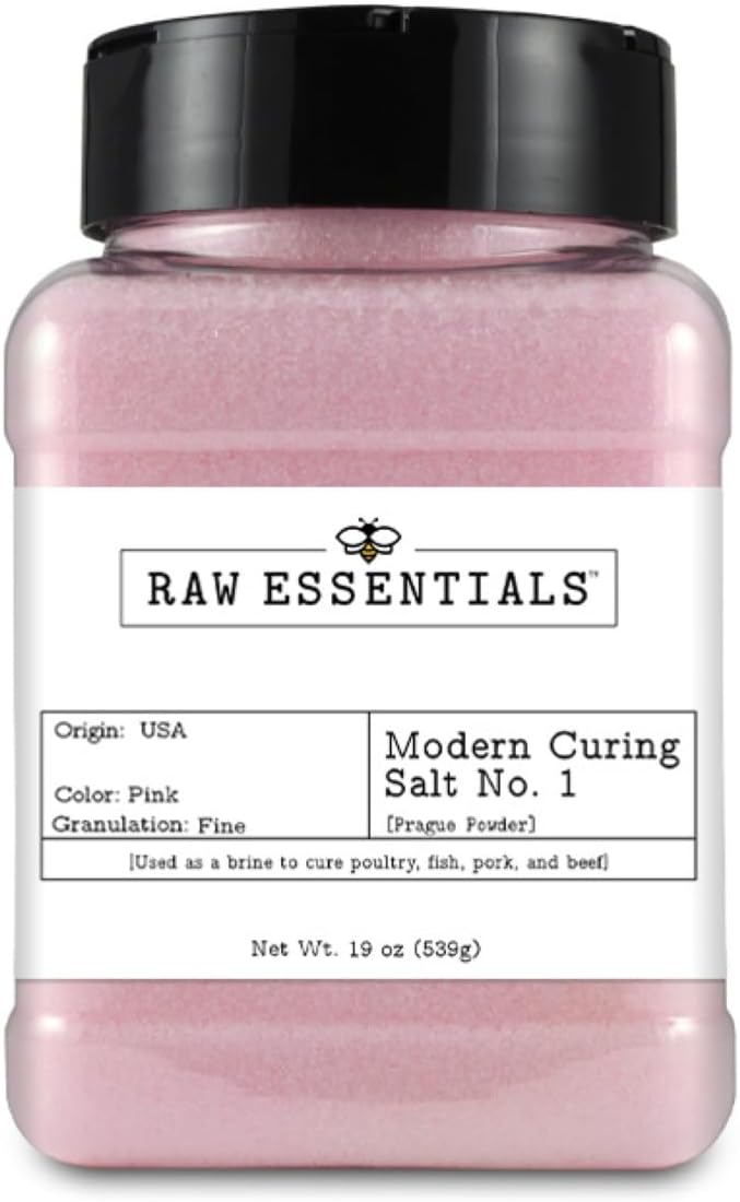 Raw Essentials Modern Curing Salt No. 1 – 6.25% Sodium Nitrite for Curing Bacon, Sausage, Jerky, Ham, and Corned Beef – Great for Brining & Pickling – Vegan – 19 Ounce Bottle