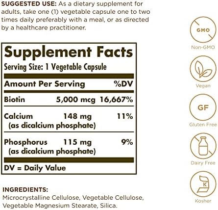 Solgar Biotin 5000 mcg - 50 Vegetable Capsules, Pack of 2 - Supports Healthy Skin, Nails & Hair - Non-GMO, Vegan, Gluten Free, Dairy Free, Kosher - 100 Total Servings
