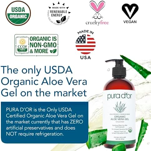 PURA D'OR 16 Oz ORGANIC Aloe Vera Gel - Unscented - All Natural - ZERO Artificial Preservatives - Deeply Hydrating & Moisturizing - Sunburn, Bug Bites, Rashes, Small Cuts, Eczema Relief - Skin & Hair
