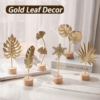 Gold Leaf Home Decor Set - Metal Leaves Statues, Modern Artistic Sculptures for Living Room, Office, Shelf & Home Decorative, Handmade 3D Botanical Accents (Monstera, Feather, Ginkgo, 3PCS)