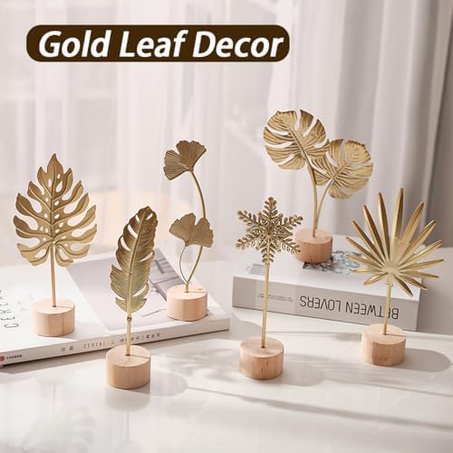 Gold Leaf Home Decor Set - Metal Leaves Statues, Modern Artistic Sculptures for Living Room, Office, Shelf & Home Decorative, Handmade 3D Botanical Accents (Monstera, Feather, Ginkgo, 3PCS)
