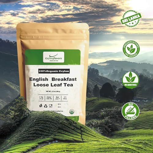 CEYLONFLAVORS FRESH AND PURE Certified Organic English Breakfast Loose Leaf Tea | From Sri Lanka | 3.5oz / 100g