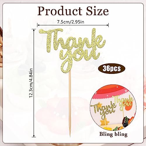 36Pcs Gold Glitter Thank You Cupcake Toppers Cake Decorations Thank You Cupcake Picks for Birthday Wedding Decorations Thanksgiving Day Anniversary Party Decoration Supplies（Gold）