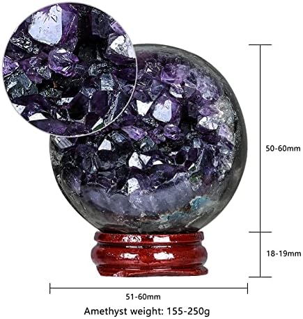 Rockcloud Natural Amethyst Druzy Geode Crystal Ball Healing Stone Sphere Ball for Home Decoration Meditation with Wooden Base, 2.01-2.36 inches
