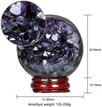 Rockcloud Natural Amethyst Druzy Geode Crystal Ball Healing Stone Sphere Ball for Home Decoration Meditation with Wooden Base, 2.01-2.36 inches
