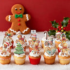 64PCS Edible Gingerbread Cupcake Toppers Wafer Paper Bread Man Christmas Tree Cupcake Toppers for Merry Christmas Theme Party Baby Shower Birthday Decor Supplies