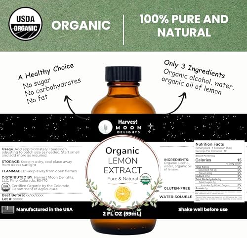 Organic Lemon Extract for Baking, Ice Cream, Drinks, and Candy - 2 oz - Water-Soluble - By Harvest Moon Delights - Pure Lemon Flavoring