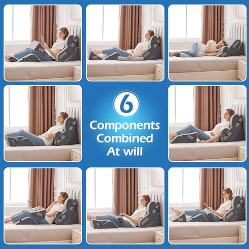 6PCS Orthopedic Bed Wedge Pillow Set for Sitting up in Bed, Memory Foam Post Surgery Pillow for Back Pain Relief, Back Support Pillow for Acid Reflux Relief, GERD, Anti Snoring (Grey)