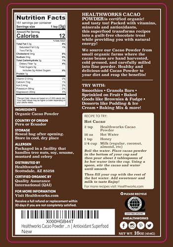 Healthworks Superfoods Organic Cacao Powder - 16 Oz / 1 Lb - Cocoa Chocolate Substitute - Rich Chocolate Flavour - Sugar-Free, Keto, Vegan & Non-GMO - Peruvian Bean/Nut Origin - Antioxidant Superfood