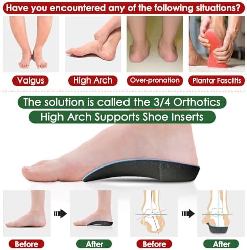 Dr. Foot 3/4 Orthotics Shoe Insoles, High Arch Supports Inserts for Flat Feet, Plantar Fasciitis, Over-Pronation, Fallen Arches (Red, Small(Men's 5-6 / Women's 6-7))