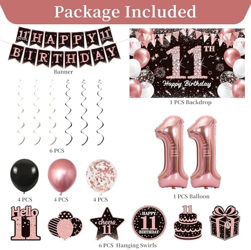 Vlipoeasn Rose Gold 11th Birthday Decorations for Girls, 27PCS Happy 11th Birthday Party Kit with Backdrop Banner, Number 11 Balloon, 11 Year Old Party Supplies