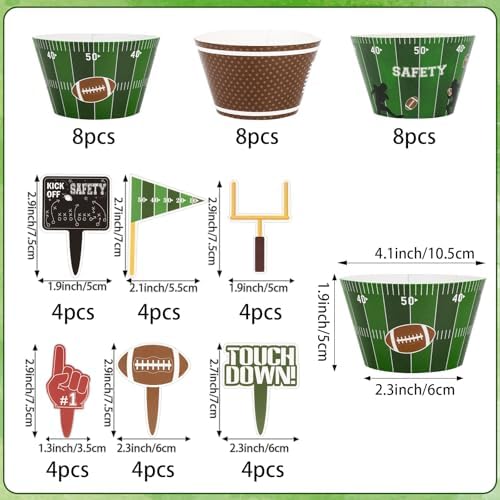 48 Pack Football Cupcake Toppers and Wrappers, Rugby Touchdown Cake Decoration for Football Theme Birthday Party Sports Game Day Party Supplies