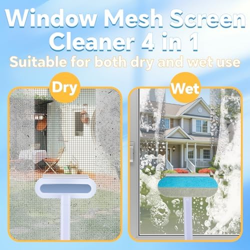 4 in 1 Mesh Screen Cleaner, Multi-Functional Window Screen Cleaning Brush, Pet Hair Removal Tool with Extra Long Handle, Gentle on Furniture, Couch, Carpet, Clothing, Bedding, Window, Mesh Screen