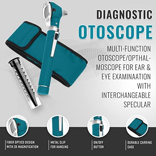 SURGICAL ONLINE Fiber Optic Mini Otoscope Rainbow Many Colors - Pocket Otoscope with Case ENT Diagnostic Set w/Extra Bulb Included (Teal)
