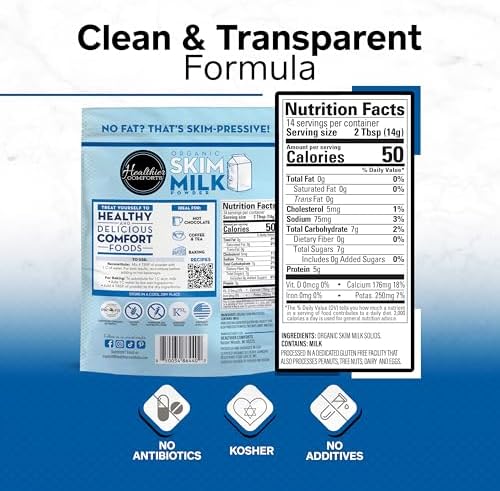 Healthier Comforts Organic Skim Milk Powder | Certified USDA Organic | Fat Free, Kosher, Gluten Free, Non-GMO, Shelf Stable | Perfect for Shakes, Smoothies, Coffee Creamer, Baking | Made in USA (7oz)