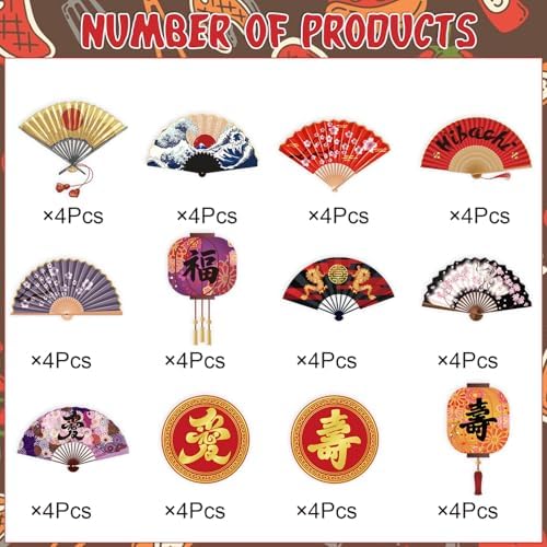 Japanese Hibachi Party Decorations, 48PCS Japanese Style Paper Fans Cupcake Toppers Cake Decor, Asian Baby Shower Wedding Birthday Party Supplies Cupcake Picks (Pre-Assembly)