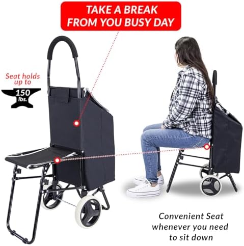 dbest Products Trolley Dolly Sport with Chair – Foldable Grocery Cart on Wheels – Multi Use Rolling Cart with Built-in Seat, Removable Bag, and Hand Truck Dolly Function, Black