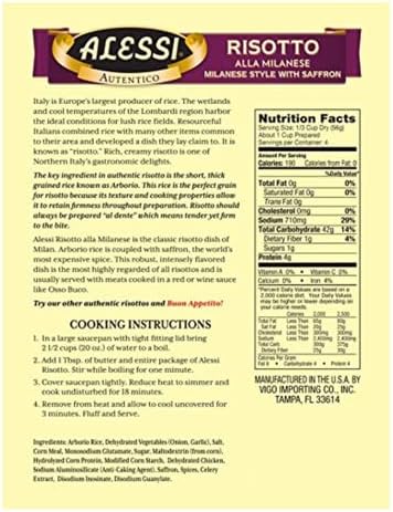 Alessi Autentico, Premium Seasoned Risotto, Italian Arborio Rice, Easy to Prepare, 8oz (Milanese, Pack of 6)