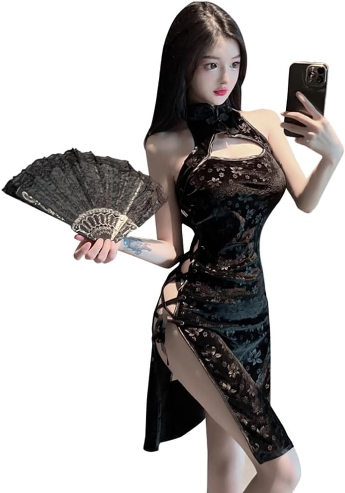 Women's Sexy Perspective Cheongsam Standing Collar Hollow Print Chinese Classical Lingerie Side Slit Nightdress