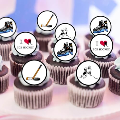Ice Hockey Cupcake Toppers, Sports Edible Cake Decorations, Hockey Birthday Decorations, Sports Edible Cupcake Toppers for Home Baking, 48 x 3 m / 1.18 inch discs PRECUT