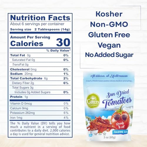 Galen Sun Dried Tomatoes, Julienne Cut, Soft, Moist, Ready to Eat, Mediterranean Flavor Sundried Tomato, Gmo Free, Kosher, Vegan, No Sugar Added, Resealable Bag, 3 oz (Pack of 3)